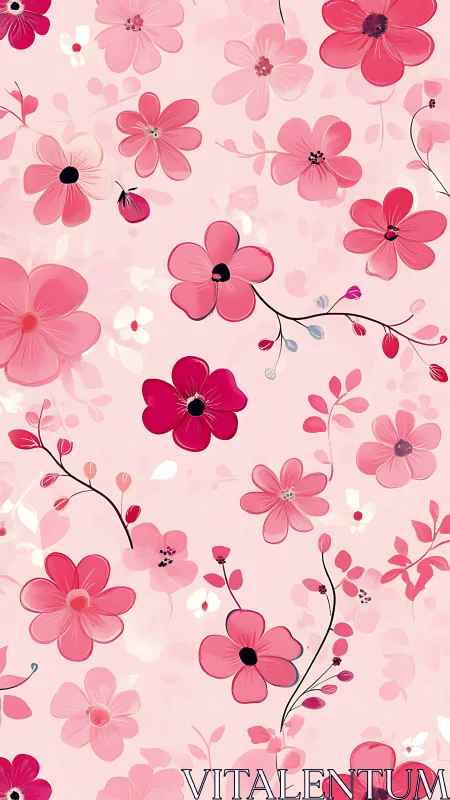 Layered Pink Florals: Dimensional Vector Illustration with Black Stem Details