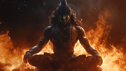 Divine warrior meditates in blazing inferno with serene focus