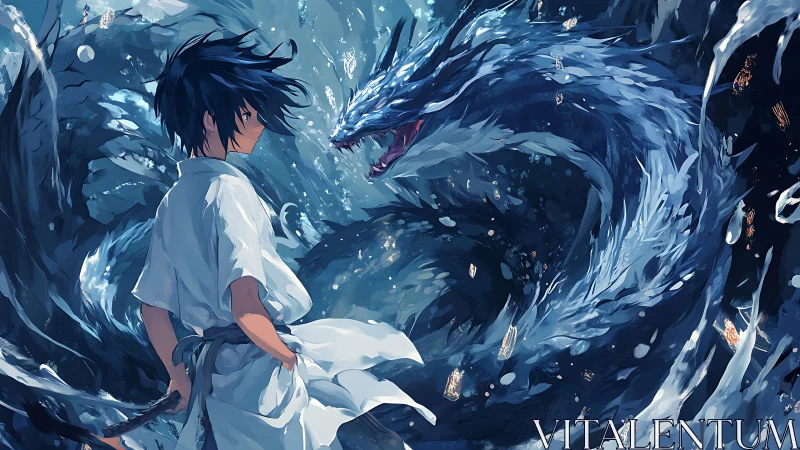 Hydrodynamic duel between swordsman and vortex-borne dragon.