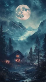 Moonlit alpine cabin rests beneath towering enchanted peaks.