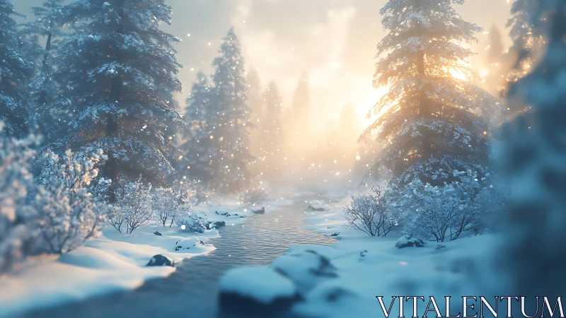 Winter landscape with frozen river and coniferous forest at dawn.