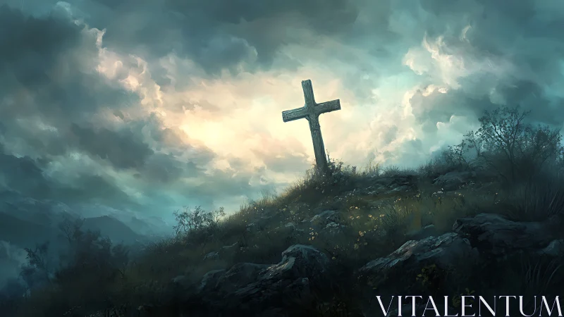 Weathered wooden cross on misty hillside at dawn.