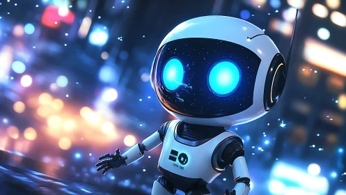 Neon-lit exploratory service robot in bokeh urban corridor.