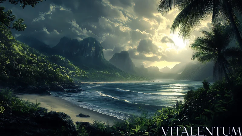 Sunlit tropical bay framed by stormy mountains and palms.