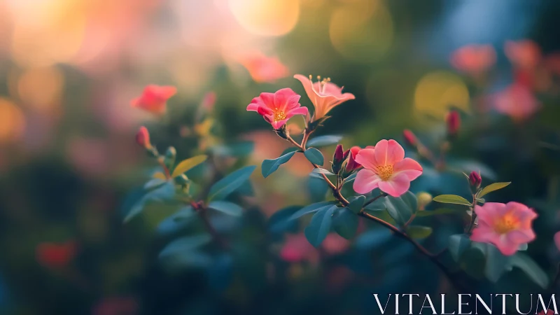 Pink blossoms on leafy stems with blurred bokeh background.