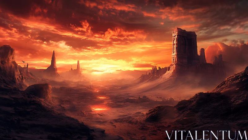 Molten desert canyon burns beneath stormlit crimson sky.