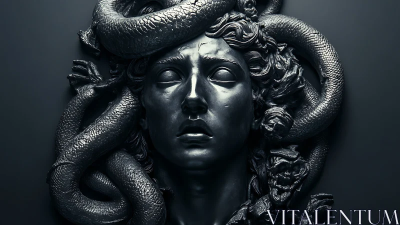 Gloomlit Medusa effigy wrapped in brooding metallic serpents.