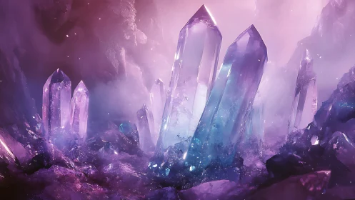 Spectral quartz crystal cluster in volumetric nebula haze.