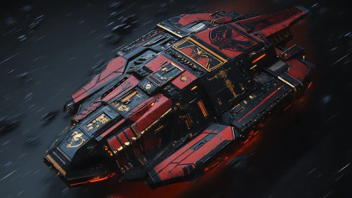Crimson warbarge knifes through starlit void in burning armor.