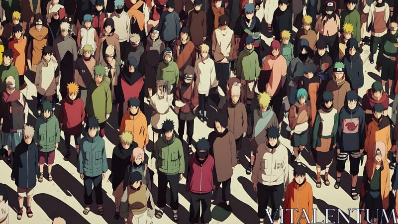 Large crowd of stylized anime characters in rows.