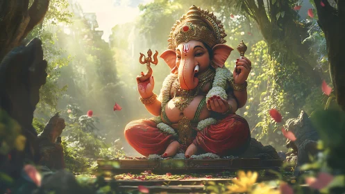 Radiant Lord Ganesha seated in a sunlit jungle sanctuary.