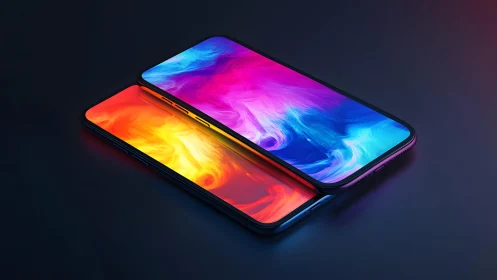 Two modern smartphones with vibrant abstract screens, digital art.