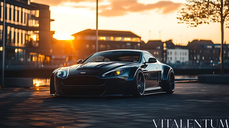 Black sports coupe on riverside street at golden sunset.