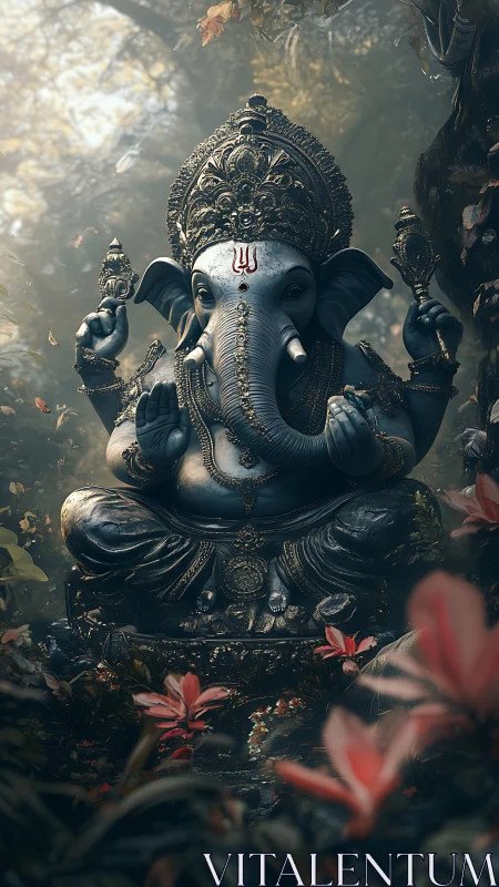 Ganesha idol in misty forest glade with ornate bronze detailing.