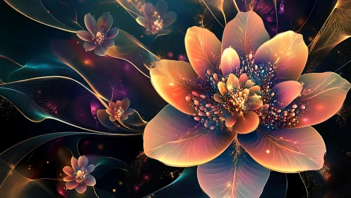 Digital abstract floral composition with luminous petals.
