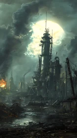 Moonlit smokestack crowns a broken post apocalyptic refinery