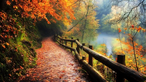 Autumn river gorge pathway with timber railing perspective.