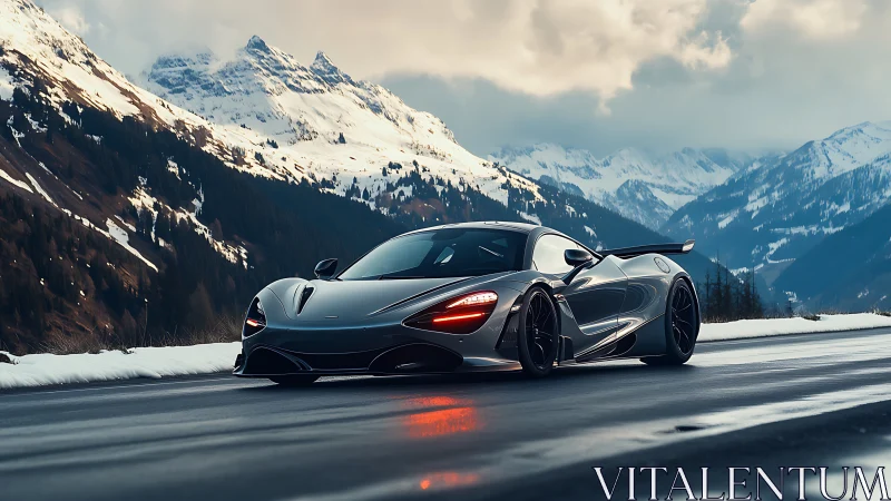 Carbon fiber supercar on wet alpine pass under winter dusk sky