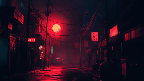 Urban street under red moonlight with neon signage at night.