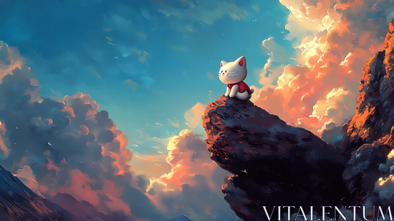 Cartoon cat figurine on cliff ledge under dramatic sunset sky