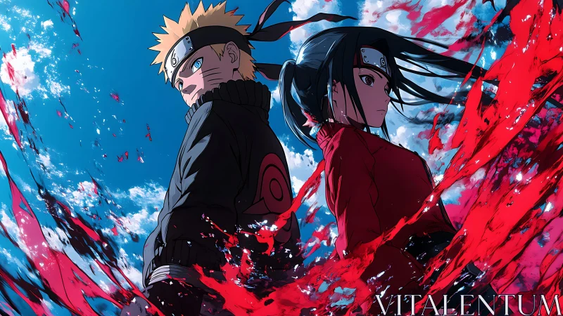 Two ninja figures back to back with red chakra energy.