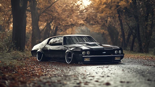 Low-slung muscle car stalks an amber-tinted autumn road.
