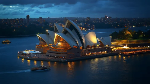 Sydney Opera House glows above harbor waters at dusk.