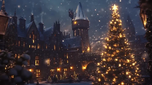 Snowlit gothic castle courtyard with glowing Christmas tree.