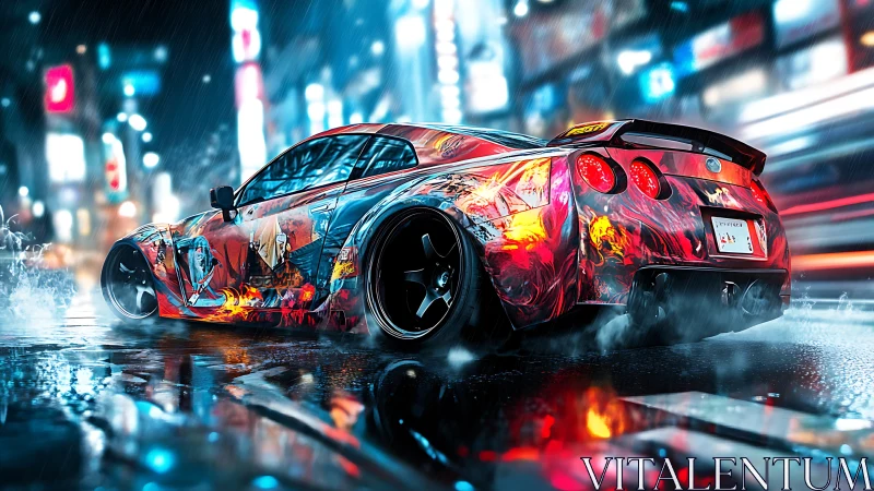 Widebody tuner coupe in neon-lit rainy street, flame wrap