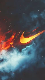 Fiery swoosh emblem cuts through smoky electric clouds