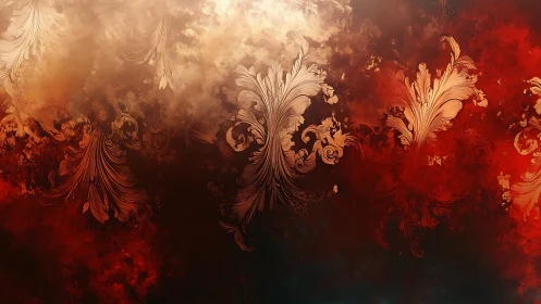 Baroque floral scrolls glow across a fiery abstract haze.