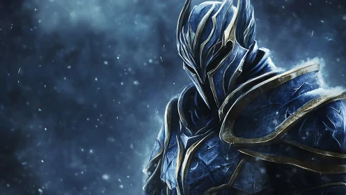 Icebound armored knight stands in stormlit snowfall