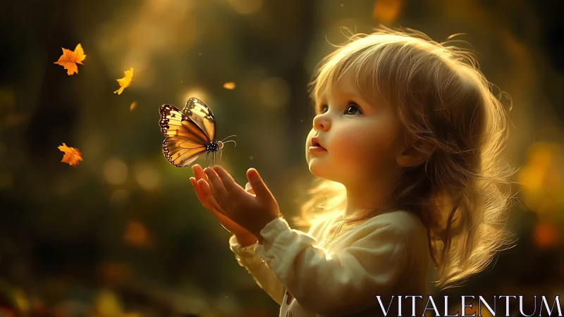Golden Childhood Wonder: Little Girl Catches Butterflies in Enchanted Light.