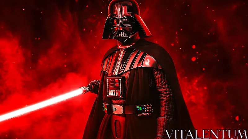 Armored sci fi warrior in red backlit haze with glowing blade