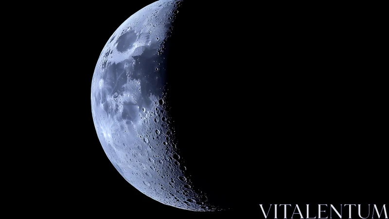 Silvery crescent moon quietly glows against deep night sky