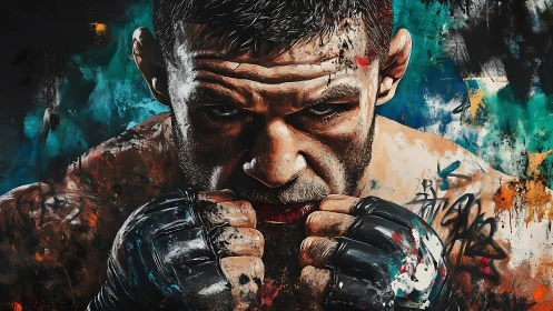 Digital fighter portrait with intense stare and vivid splashes.