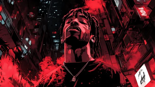 Urban figure in red and black stylized alleyway scene.