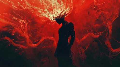Flaming silhouette walks through a storm of swirling red energy