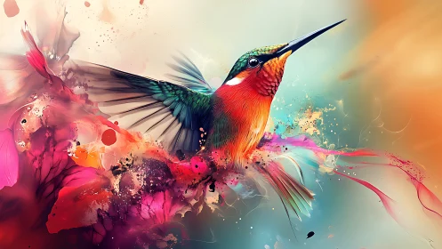 Vibrant hummingbird bursts from swirling abstract color