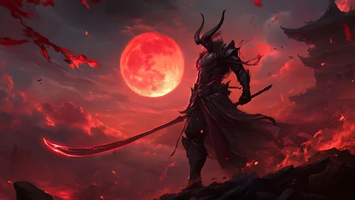 Demonic warrior stands beneath a blazing crimson blood moon.