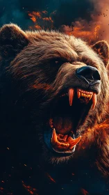 Incandescent ursine roar under pyroclastic twilight sky.