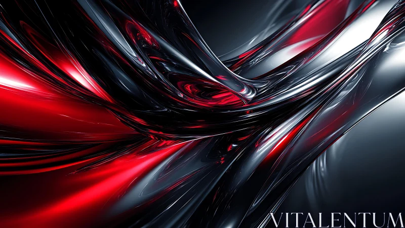 Dynamic red and black abstract metallic waves digital artwork.