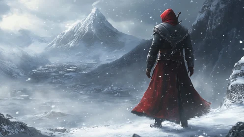 Lone red‑cloaked warrior surveys a frozen mountain valley.