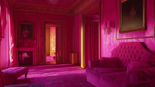 Velvet neon palace lounge awash in royal magenta glow.