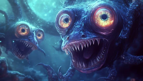 Bioluminescent deep sea horrors circle in eerie blue gloom.