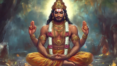 Golden sage in forest glow, crowned with calm thunderous grace.