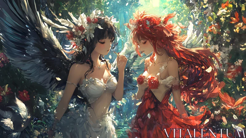 Dual-winged forest maidens in luminous floral embrace.