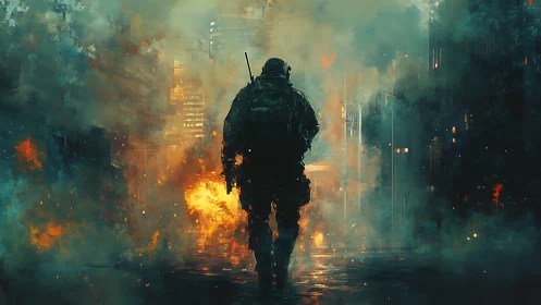 Lone soldier advances through burning city haze at dusk