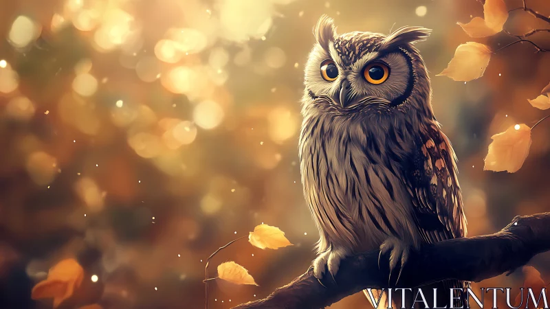 Majestic owl on autumn branch, digital art with warm bokeh background.
