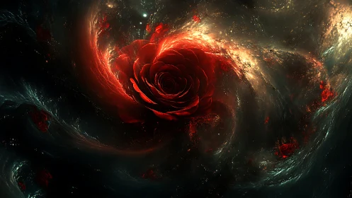 Celestial crimson rose spirals through a glowing cosmic storm.